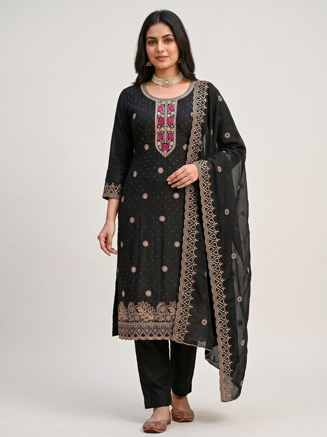 Charming Black Floral Embroidery With Sparkling Diamond Work Vichitra Silk Dress Material - Image 7