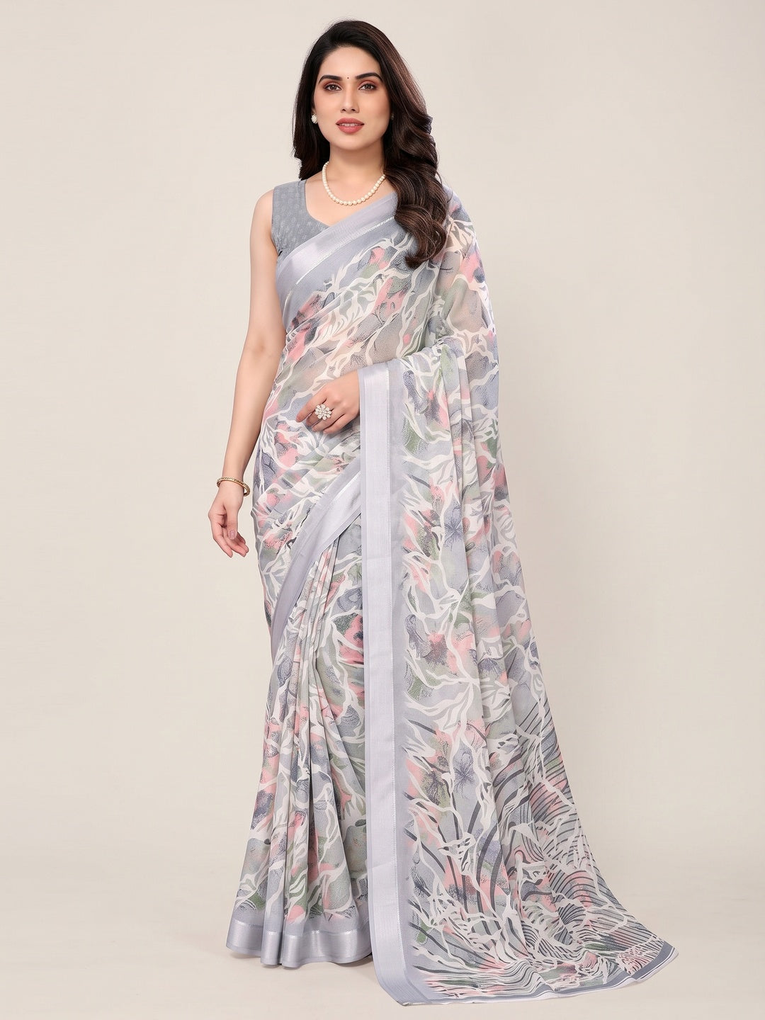 Grey Floral Printed Moss Art Silk Saree - Image 1
