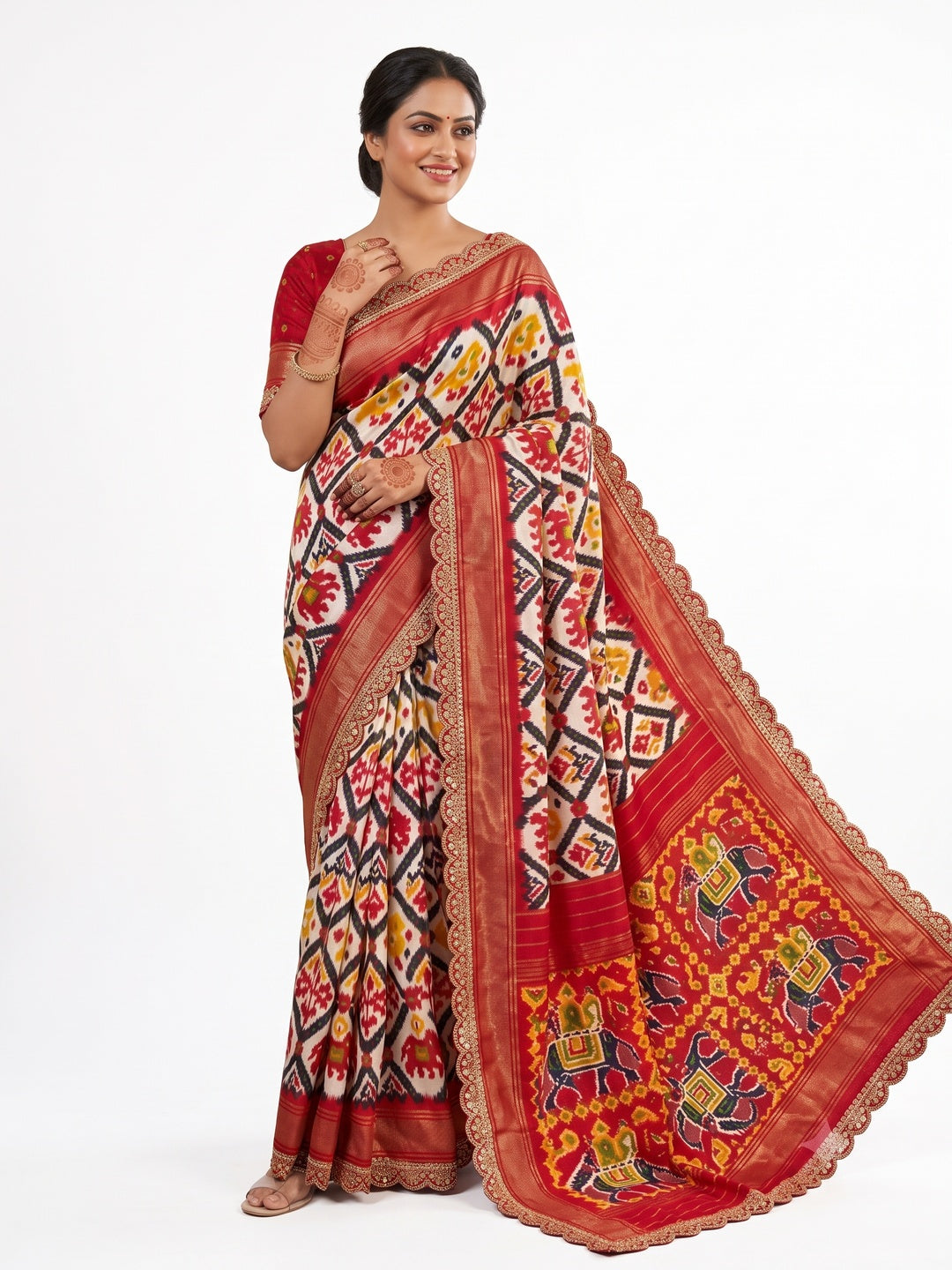 Off White & Red Ikkat Printed Dola Silk Saree With Sequins Embroidery Border - Image 3