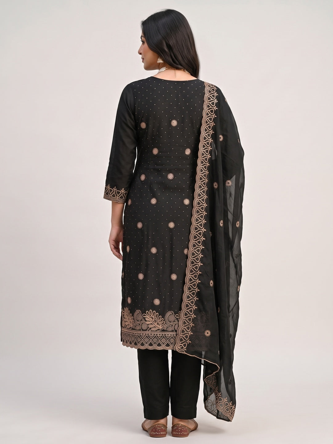 Charming Black Floral Embroidery With Sparkling Diamond Work Vichitra Silk Dress Material - Image 8