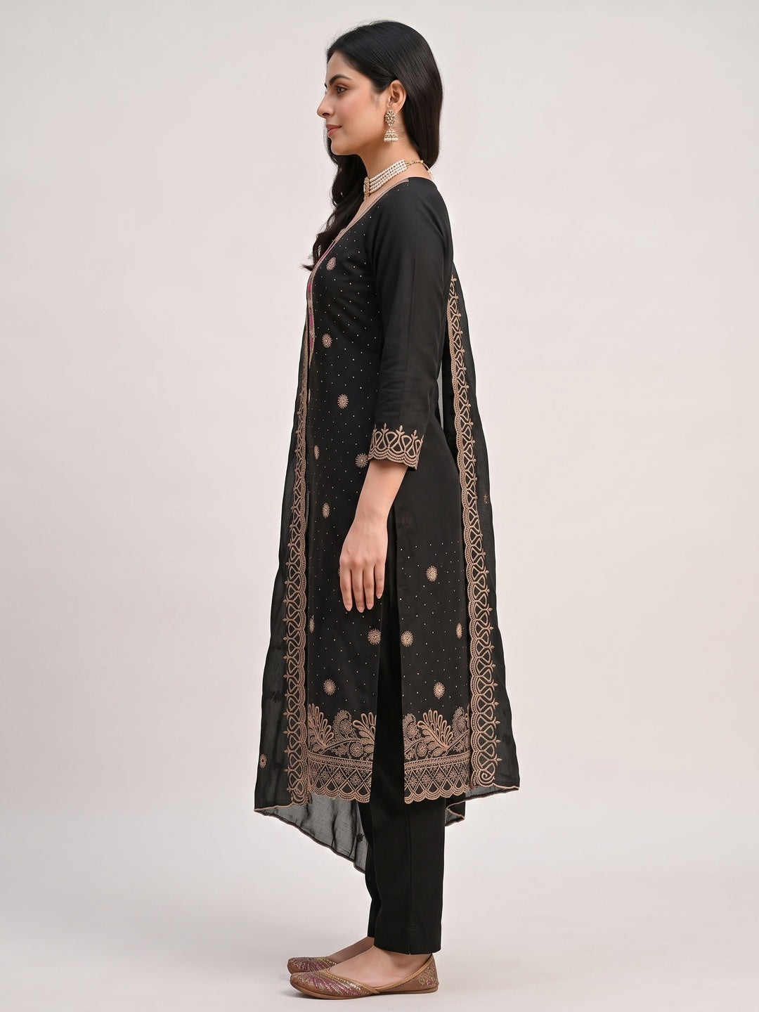Charming Black Floral Embroidery With Sparkling Diamond Work Vichitra Silk Dress Material - Image 9