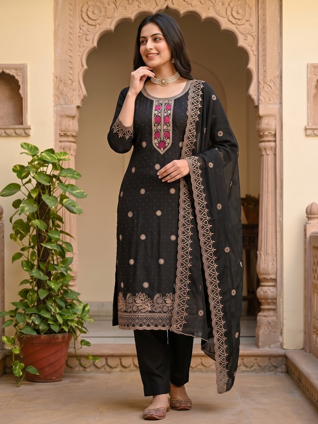 Charming Black Floral Embroidery With Sparkling Diamond Work Vichitra Silk Dress Material - Image 10
