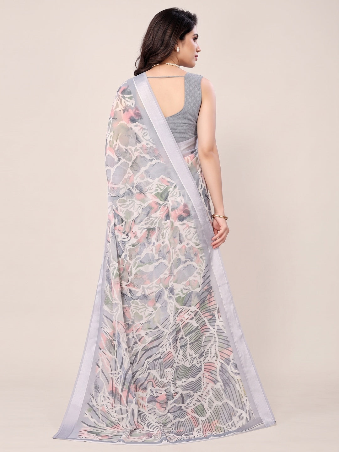 Grey Floral Printed Moss Art Silk Saree - Image 2