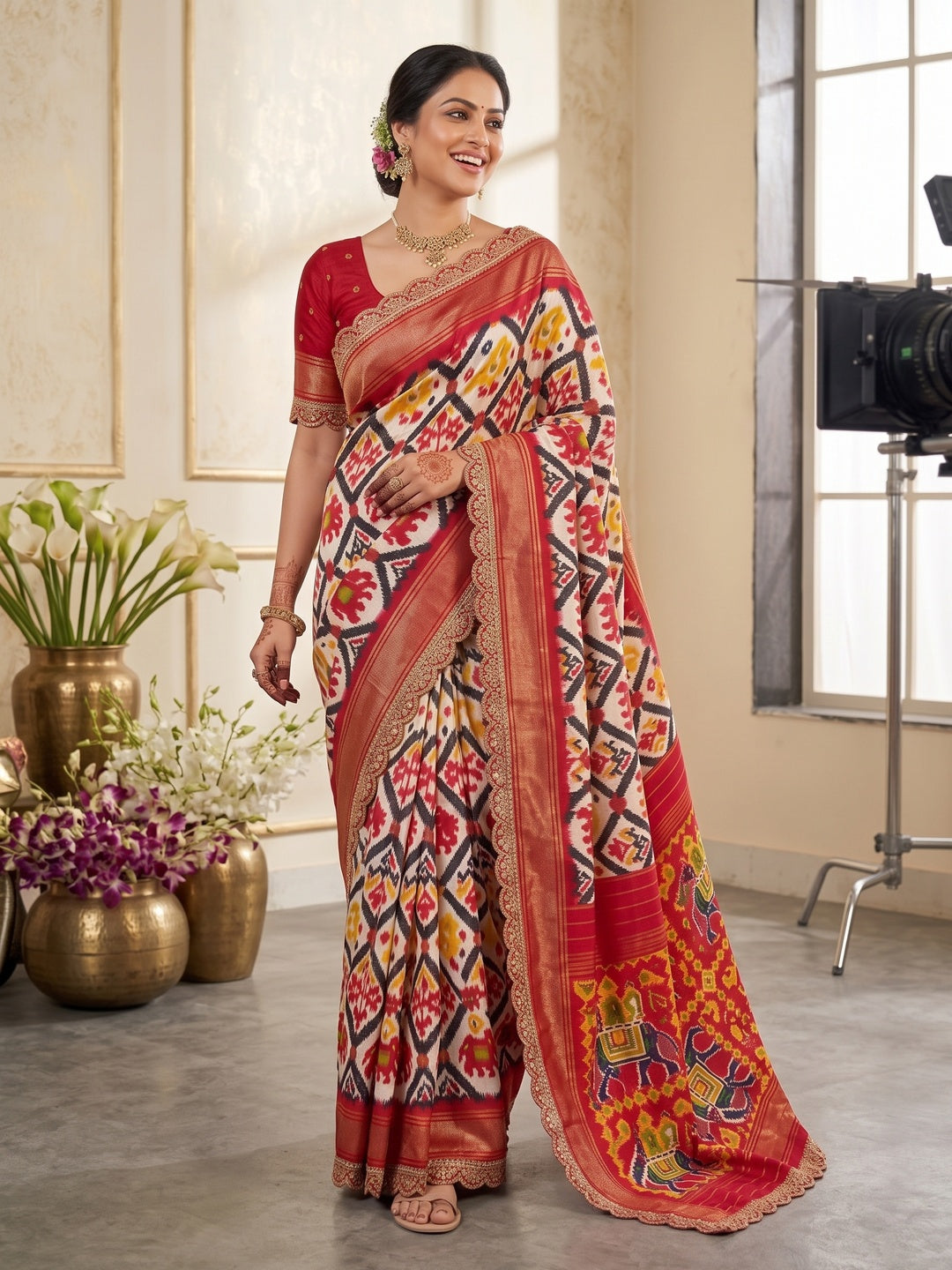 Off White & Red Ikkat Printed Dola Silk Saree With Sequins Embroidery Border - Image 6
