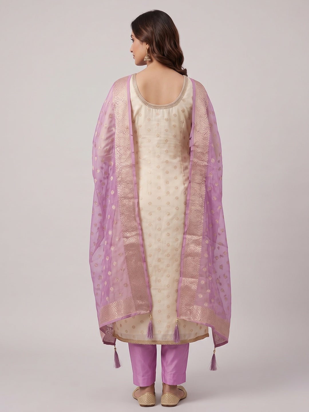 Cream & Lavender Butti Weaving Shimmer Dress Material With Elegant Cording Embroidery Work On Neck - Image 7