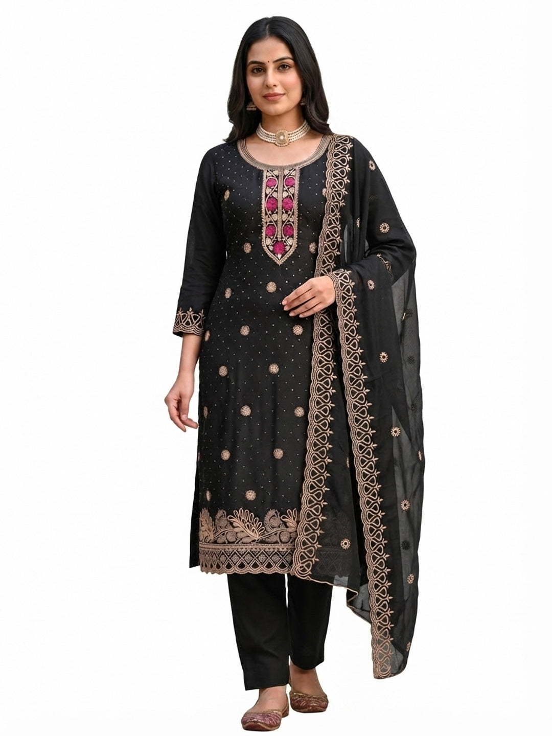 Charming Black Floral Embroidery With Sparkling Diamond Work Vichitra Silk Dress Material - Image 11