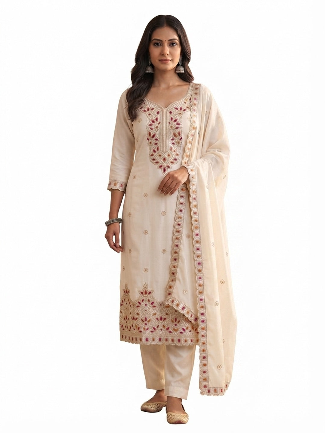 Off White Thread Embroidered Vichitra Silk Dress Material - Image 10
