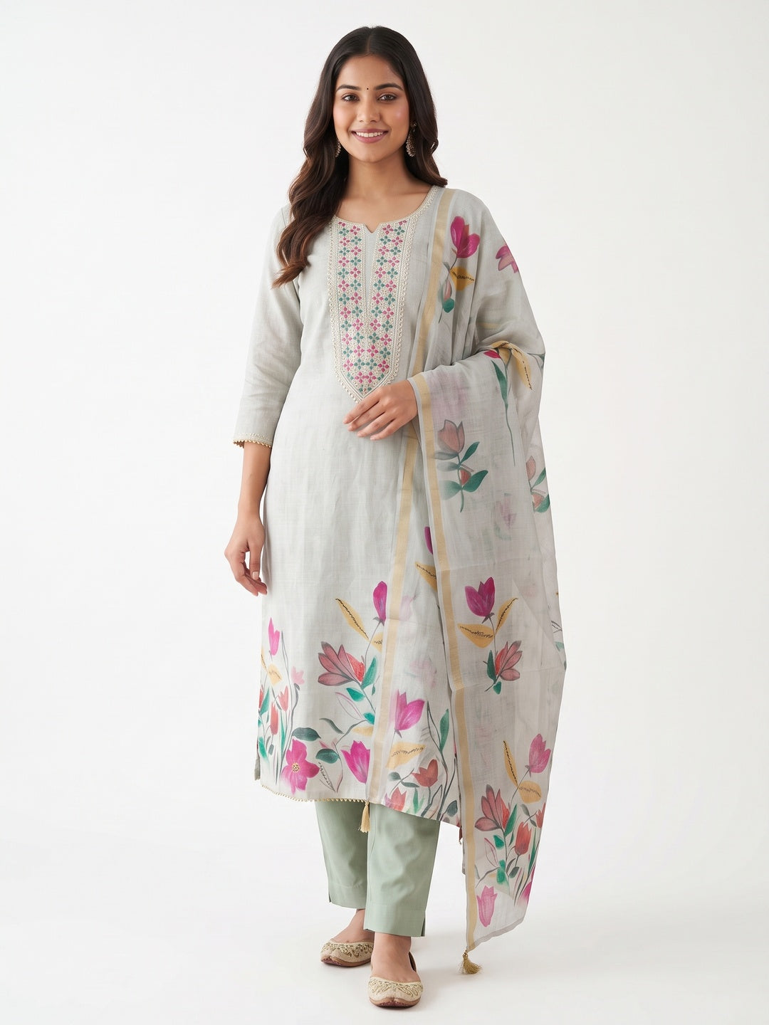 Elegant Grey Linen Dress Material with Floral Thread Work and Dupatta - Image 5