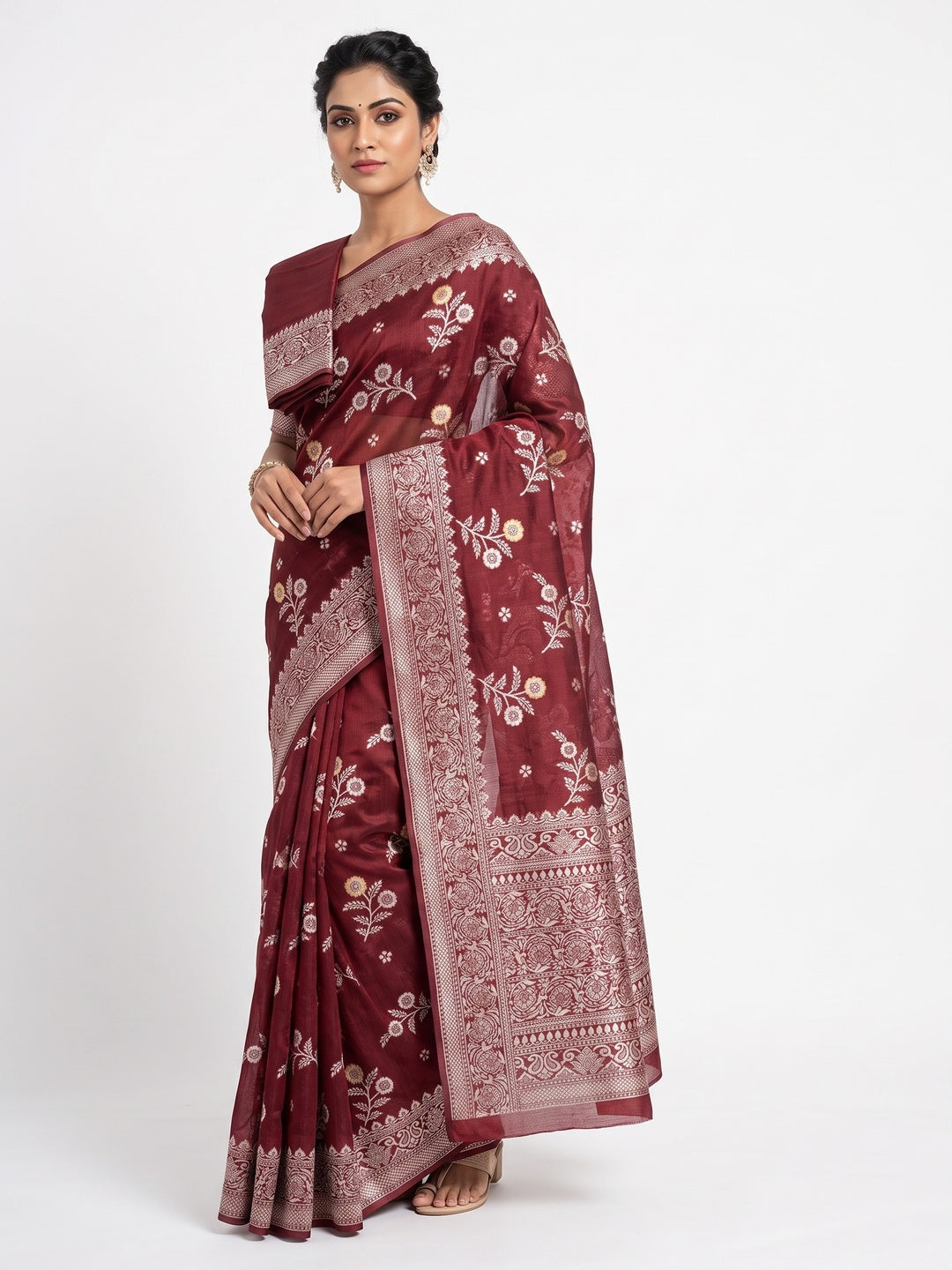 Festive Wear Maroon Banarasi Silk Saree with Floral Zari Work - Image 1