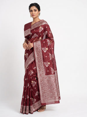 Festive Wear Maroon Banarasi Silk Saree with Floral Zari Work - Image 1