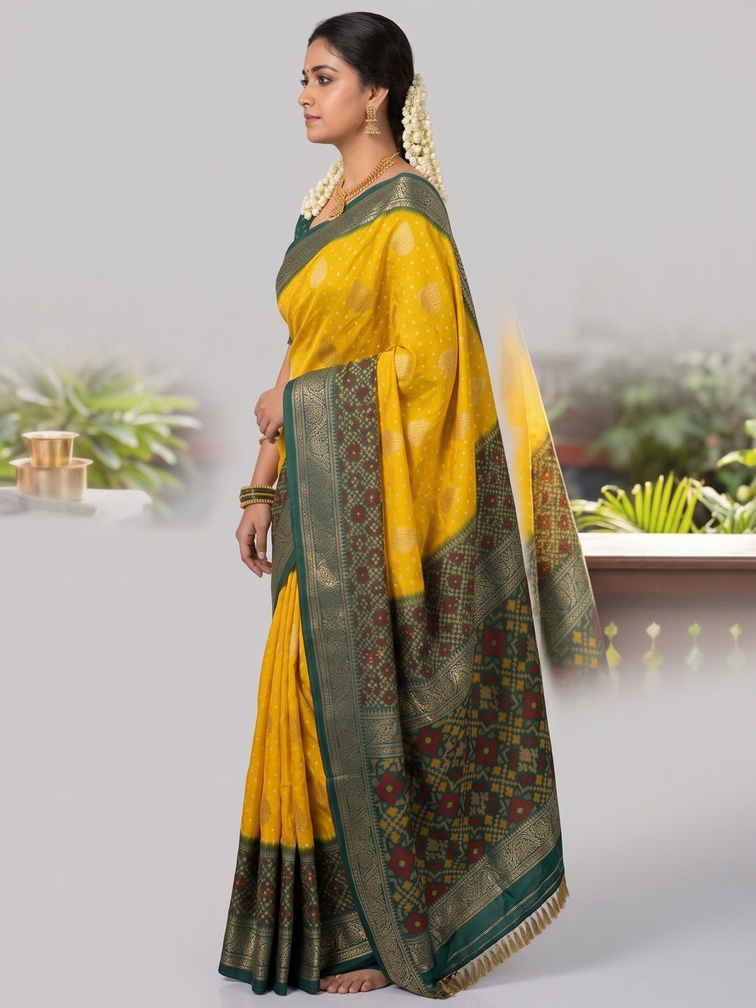 Exclusive Yellow Georgette Bandhani Print Saree with Zari Work - Image 9