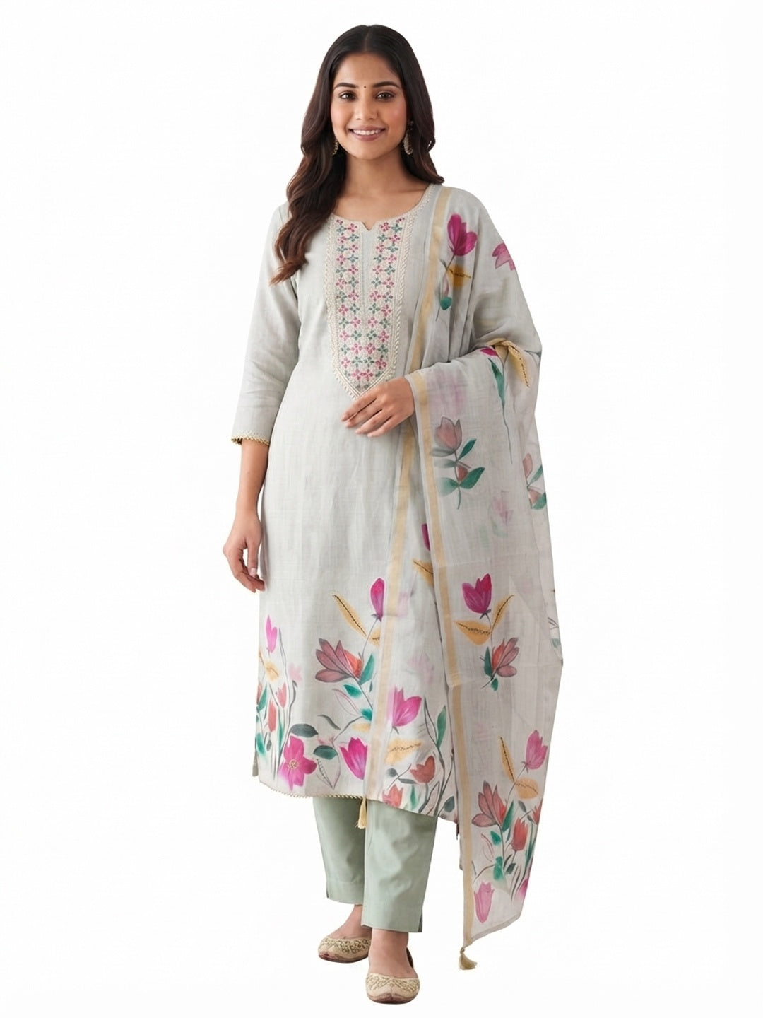 Elegant Grey Linen Dress Material with Floral Thread Work and Dupatta - Image 6