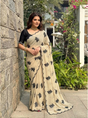 Peachmode Beige Floral Embroidered Rangoli Silk Saree - Image 2