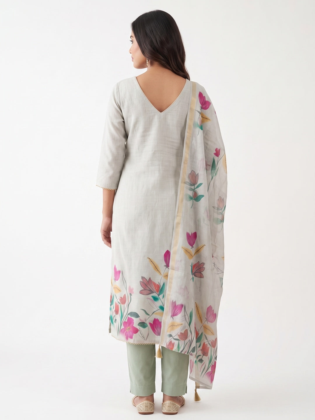 Elegant Grey Linen Dress Material with Floral Thread Work and Dupatta - Image 7