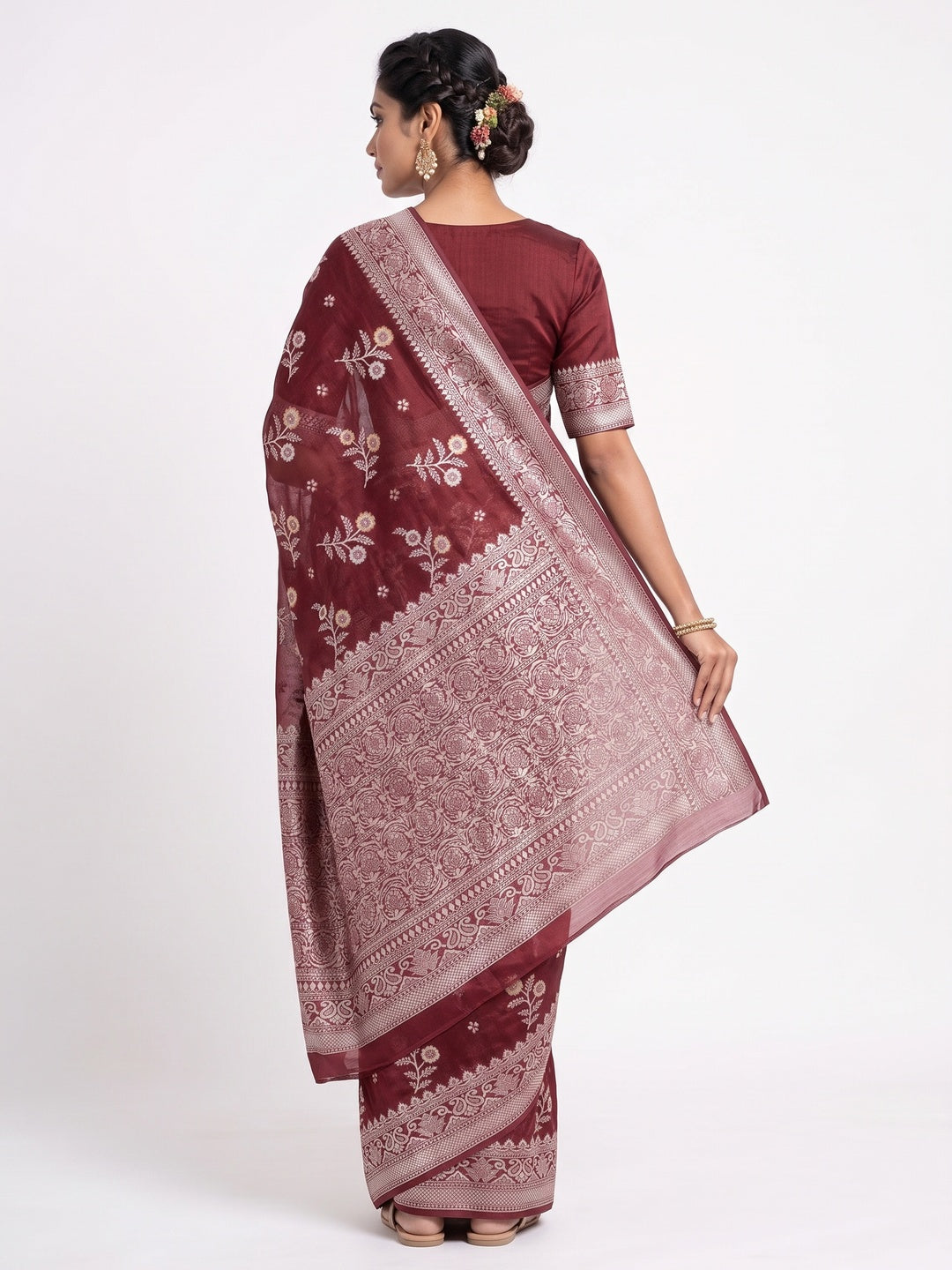 Festive Wear Maroon Banarasi Silk Saree with Floral Zari Work - Image 2