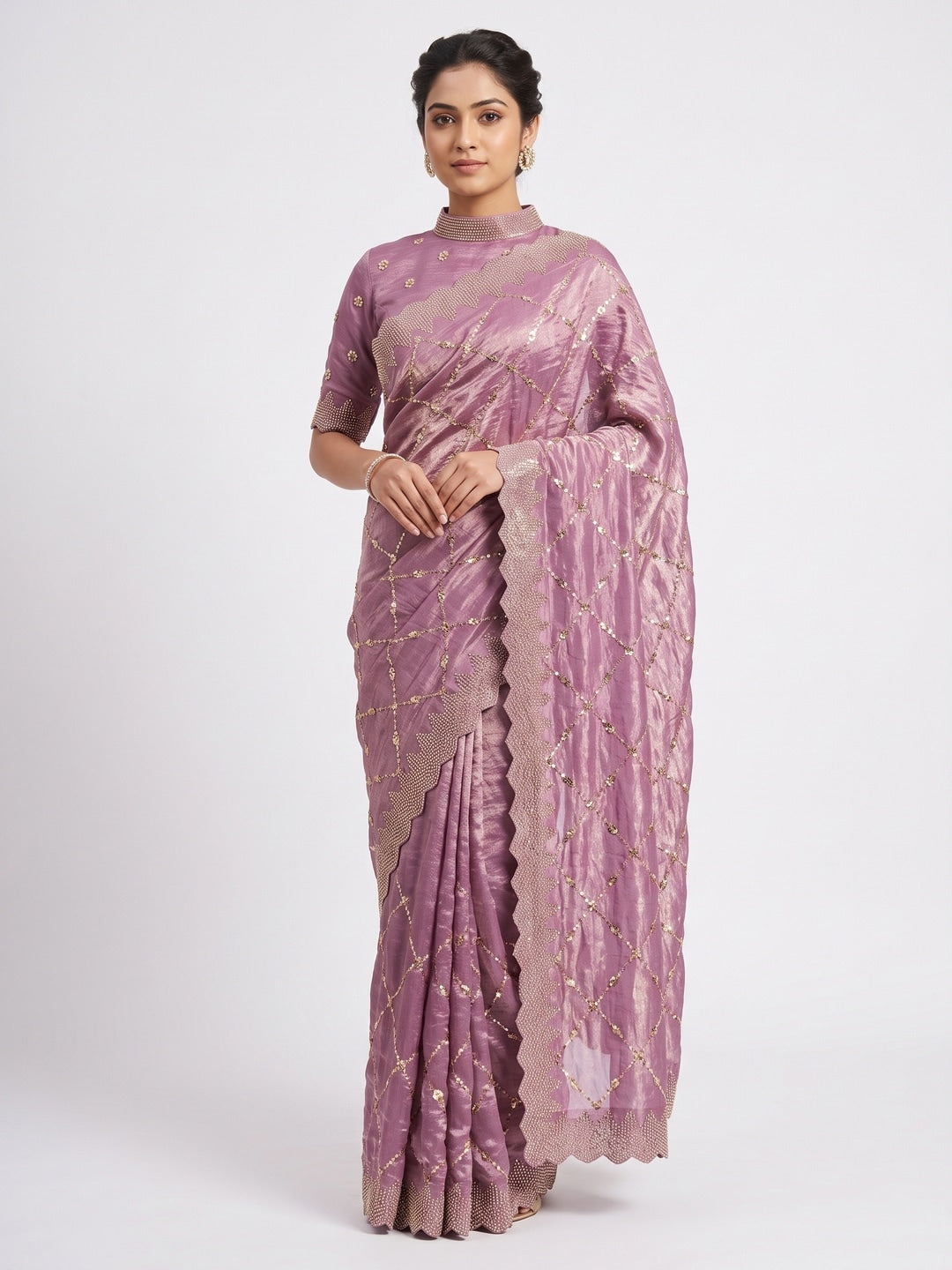 Peachmode Mauve Fendy Satin Sequins Embellished Saree - Image 1