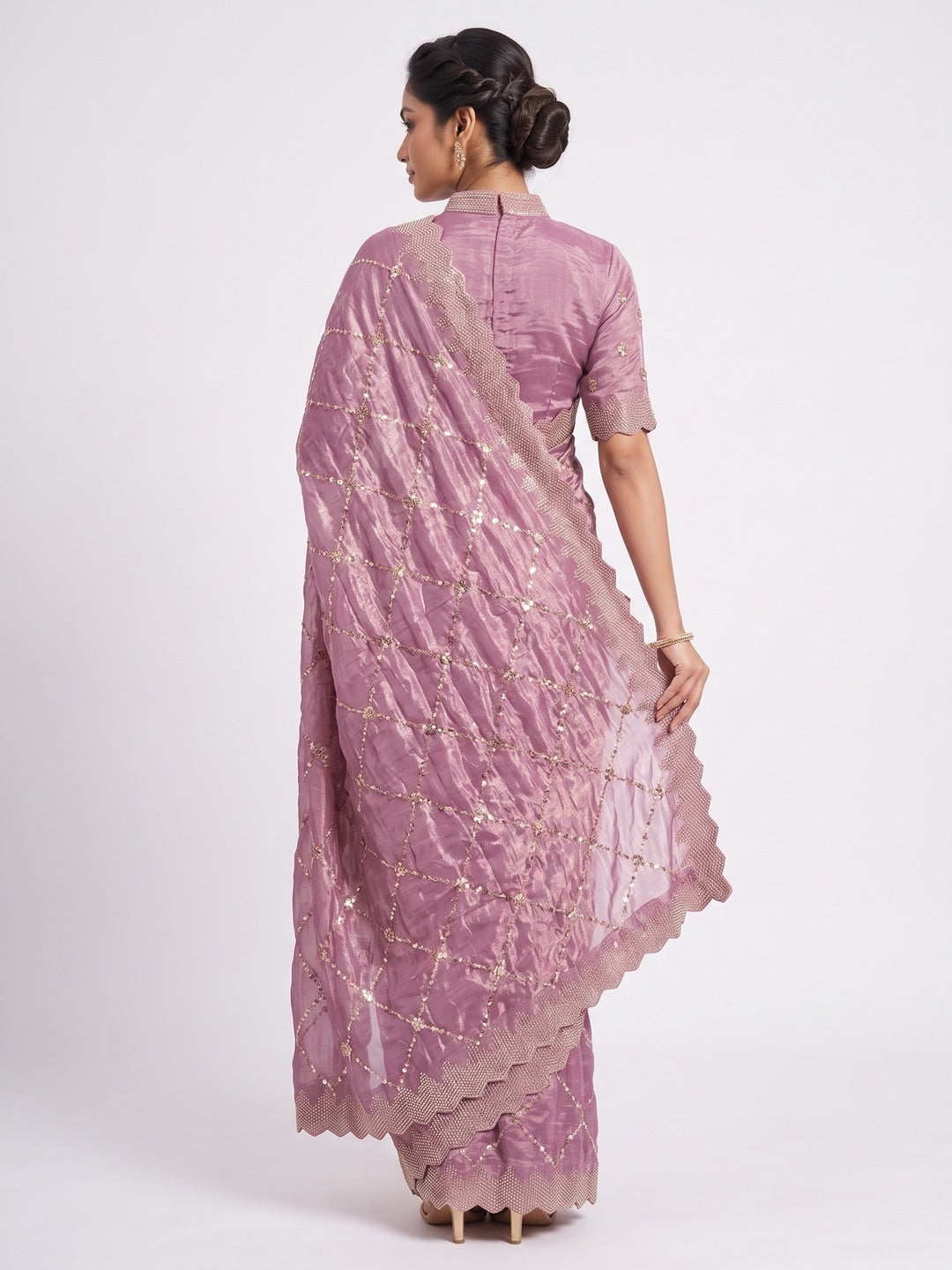 Peachmode Mauve Fendy Satin Sequins Embellished Saree - Image 2
