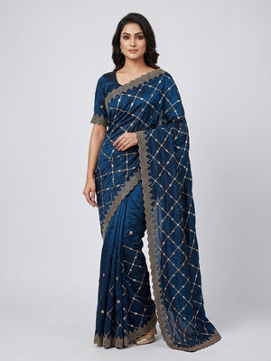Peachmode Navy Blue Fendy Satin Sequins Embellished Saree - Image 1
