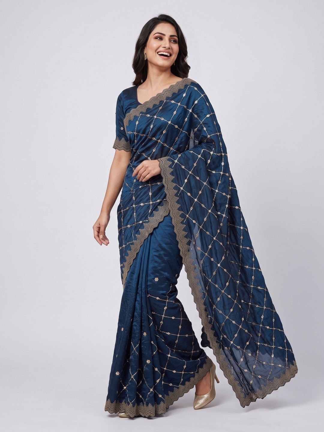 Peachmode Navy Blue Fendy Satin Sequins Embellished Saree - Image 3