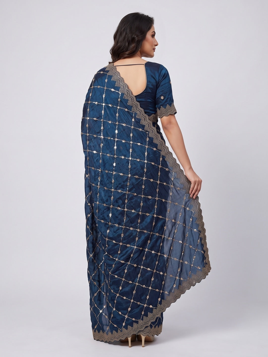 Peachmode Navy Blue Fendy Satin Sequins Embellished Saree - Image 4