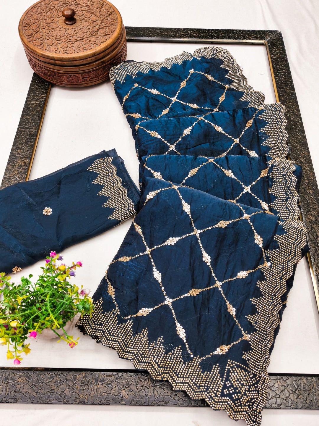Peachmode Navy Blue Fendy Satin Sequins Embellished Saree - Image 5