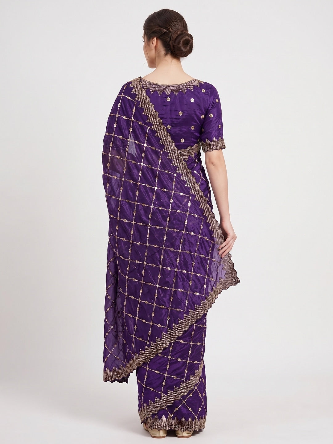 Peachmode Purple Fendy Satin Sequins Embellished Saree - Image 2