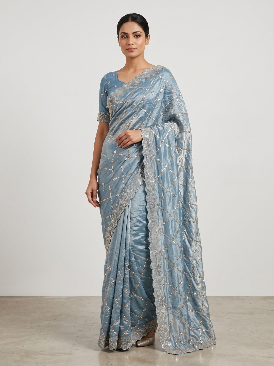 Peachmode Light Blue Fendy Satin Sequins Embellished Saree - Image 1