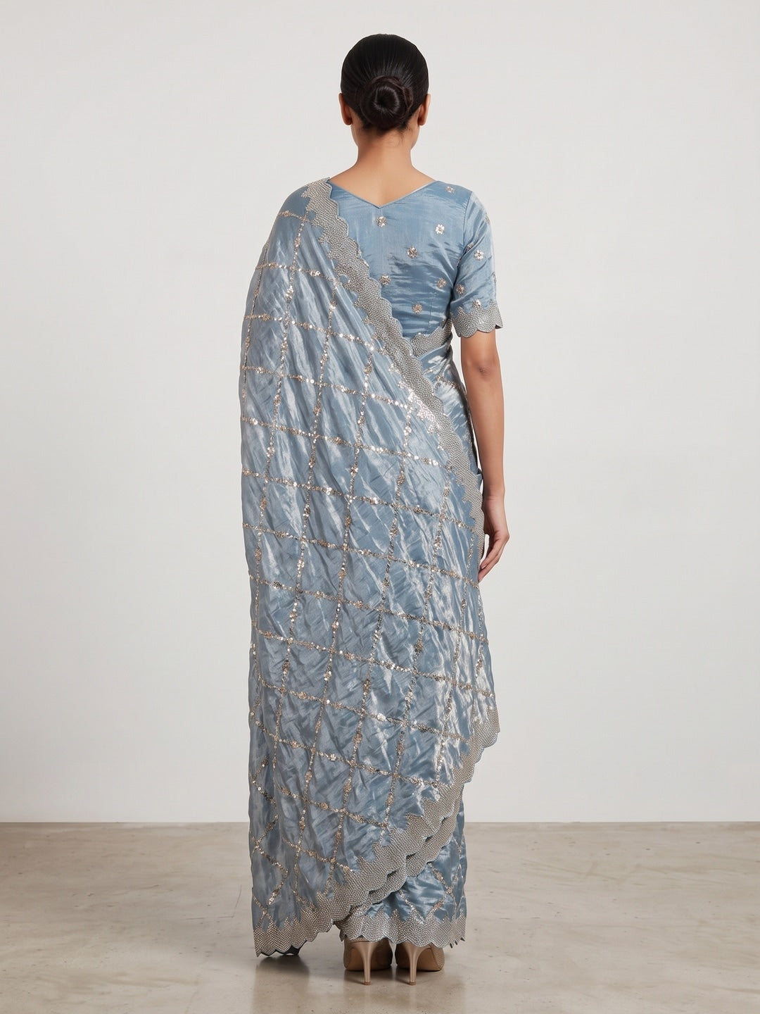 Peachmode Light Blue Fendy Satin Sequins Embellished Saree - Image 2