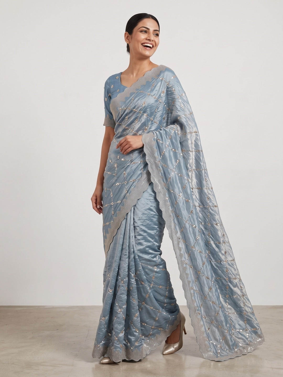 Peachmode Light Blue Fendy Satin Sequins Embellished Saree - Image 4