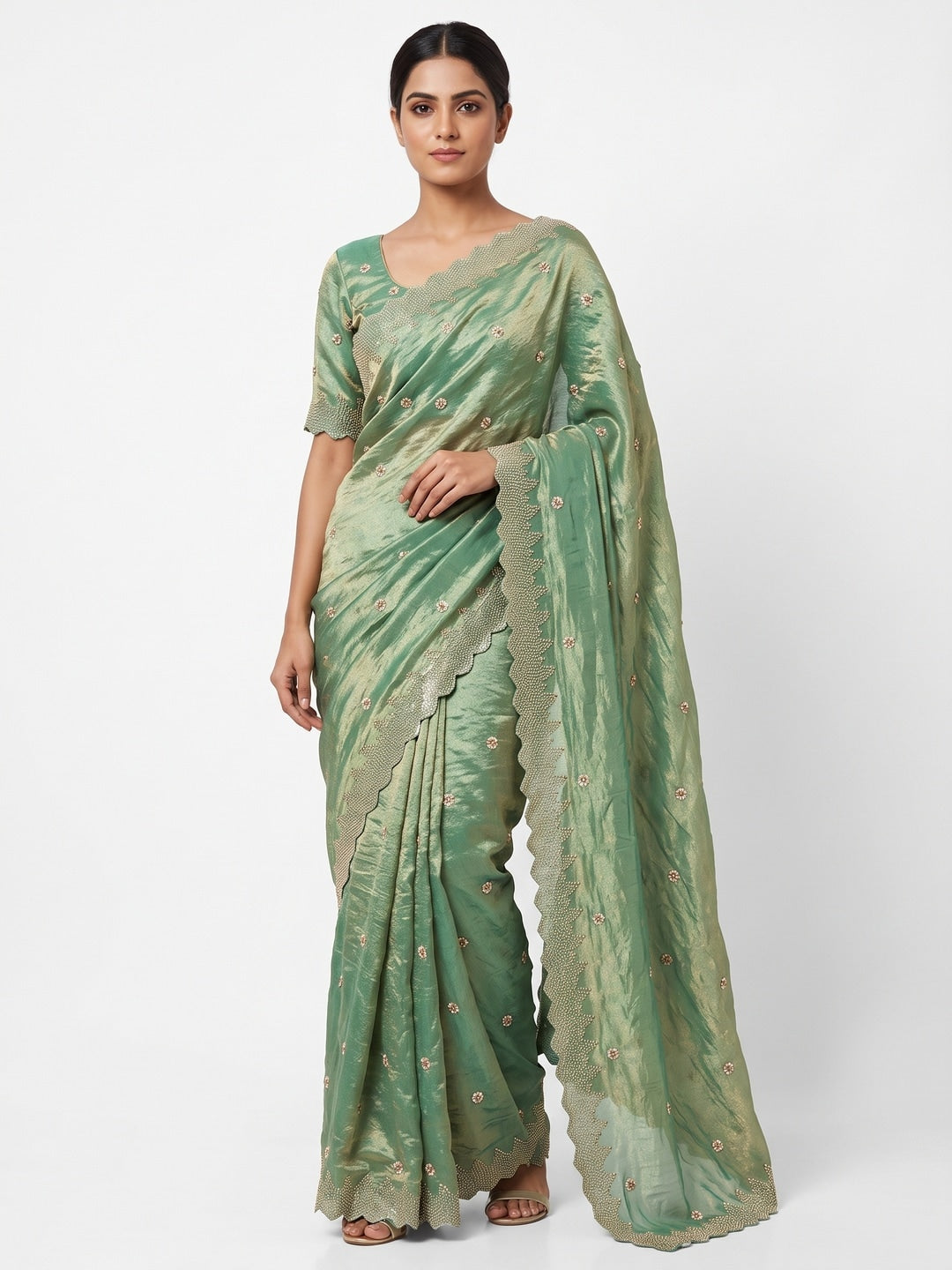 Peachmode Sea Green Fendy Satin Sequins Embellished Saree - Image 1