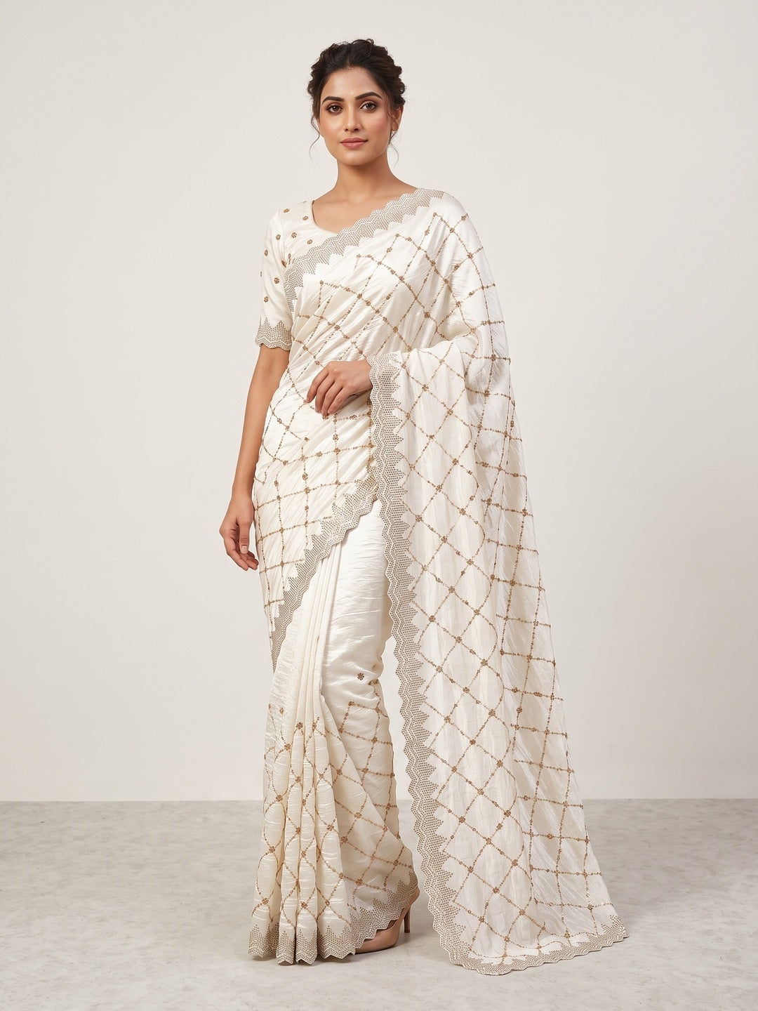 Peachmode Off White Fendy Satin Sequins Embellished Saree - Image 1