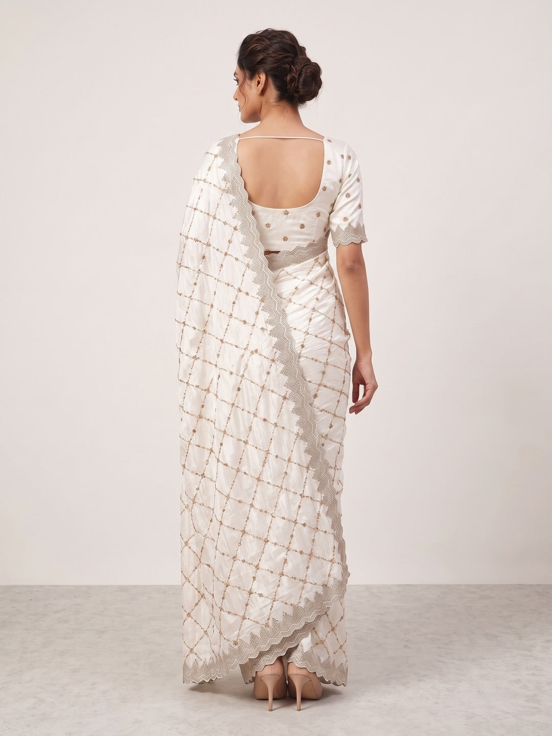 Peachmode Off White Fendy Satin Sequins Embellished Saree - Image 2