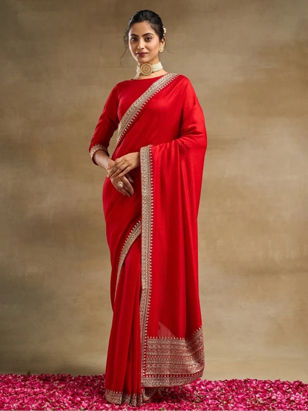 Peachmode Red Vichitra Silk Zari Embroidered Saree - Image 1