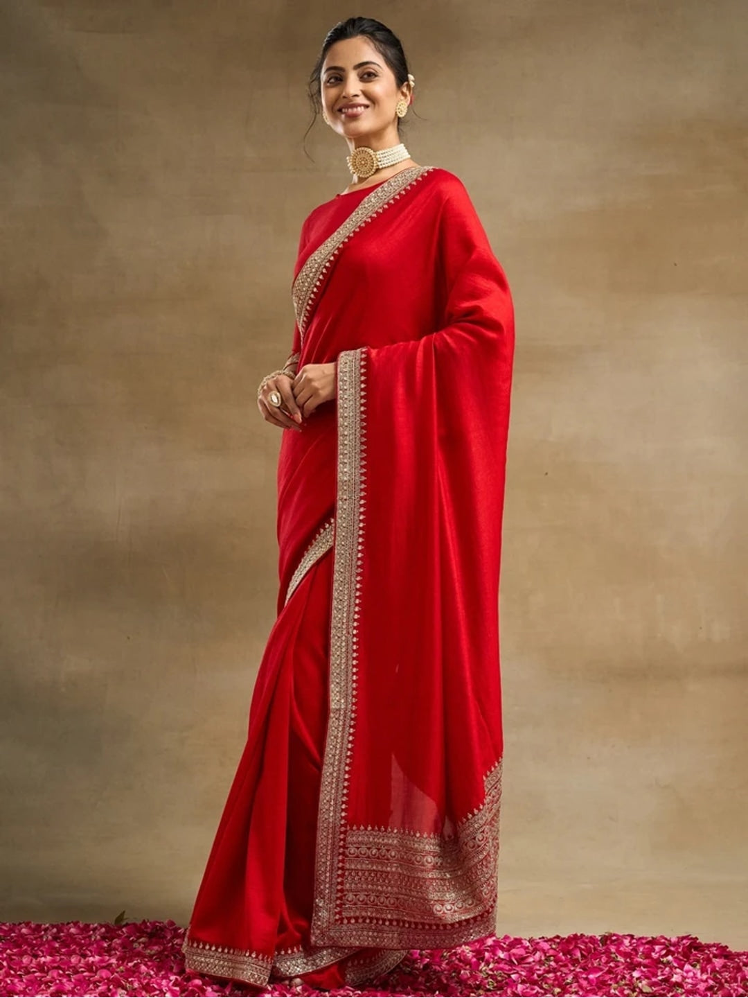 Peachmode Red Vichitra Silk Zari Embroidered Saree - Image 2