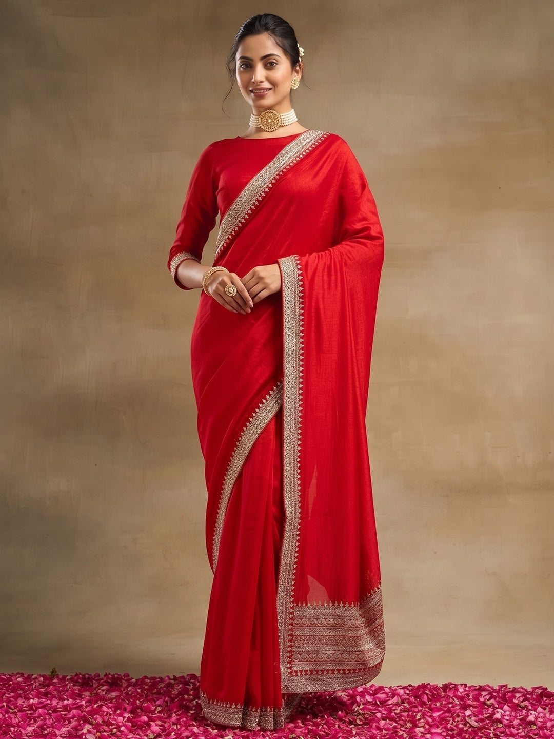 Peachmode Red Vichitra Silk Zari Embroidered Saree - Image 3
