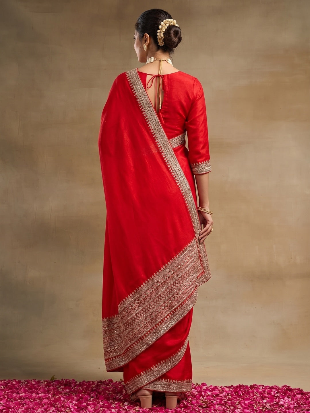 Peachmode Red Vichitra Silk Zari Embroidered Saree - Image 4