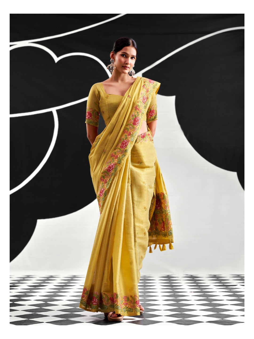 Peachmode Yellow Floral Embroidered Tissue Silk Saree - Image 1