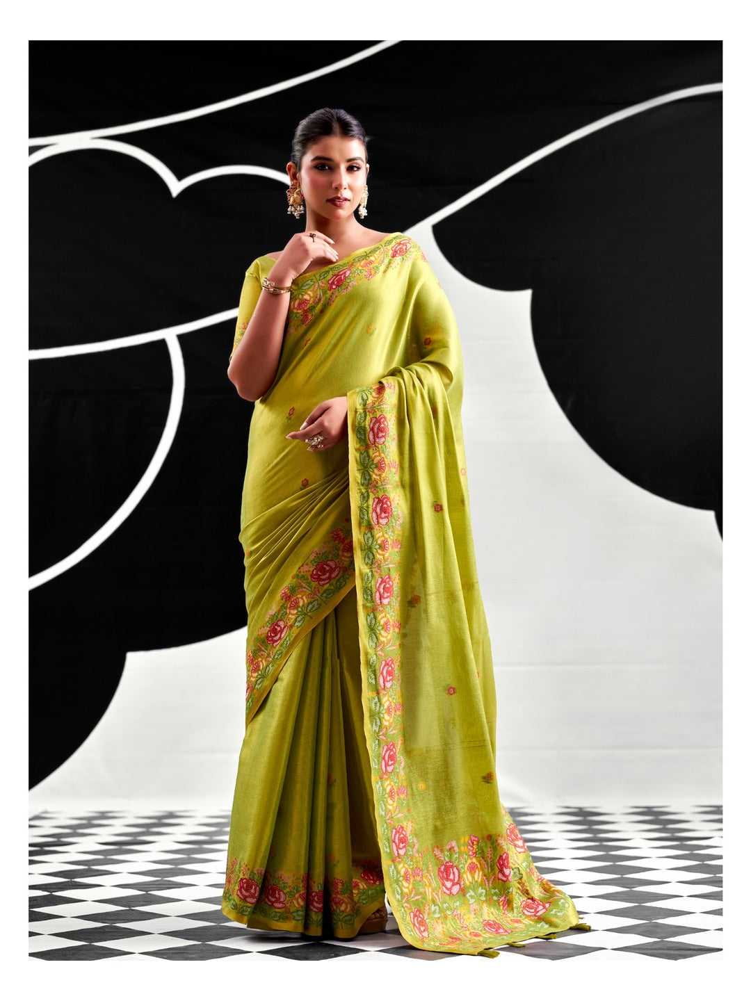 Peachmode Lime Green Floral Embroidered Tissue Silk Saree - Image 1