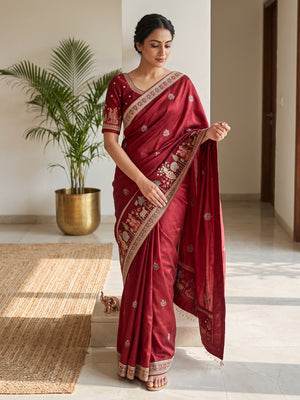 Peachmode Maroon Art Silk Saree - Image 1