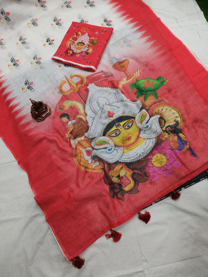 White and Red Durga Face Printed Linen Saree - Image 2