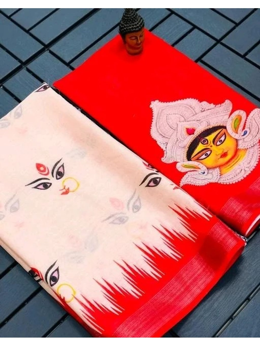 White and Red Durga Face Printed Linen Saree - Image 3