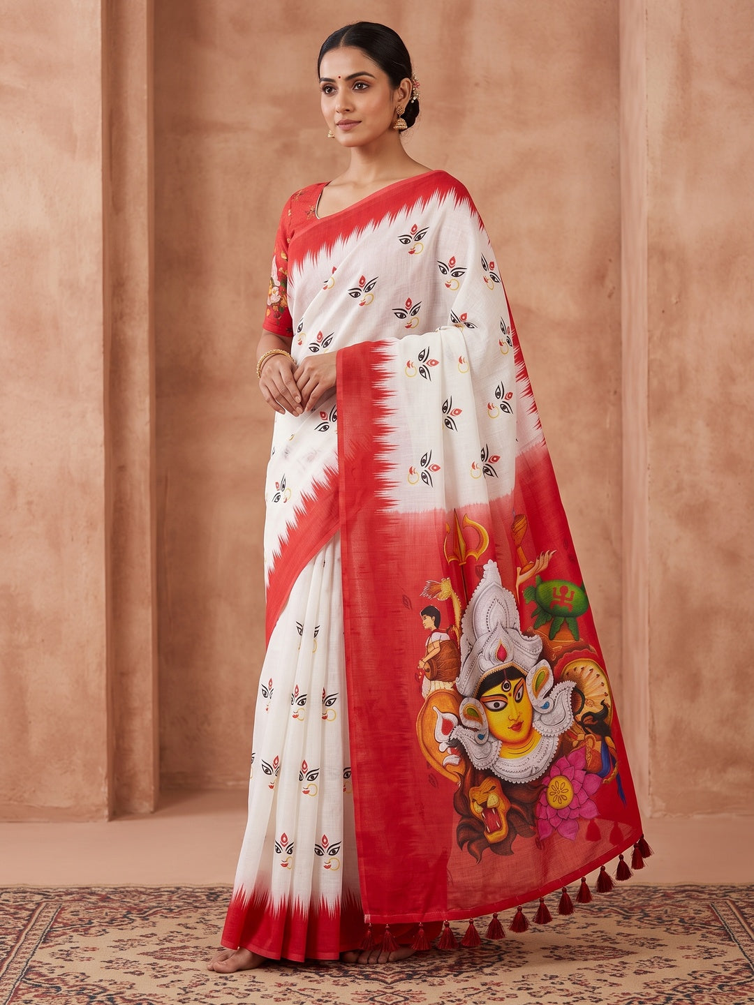 White and Red Durga Face Printed Linen Saree - Image 1