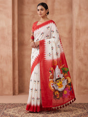 White and Red Durga Face Printed Linen Saree