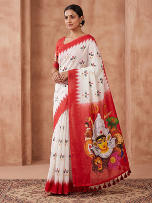 White and Red Durga Face Printed Linen Saree - Image 1