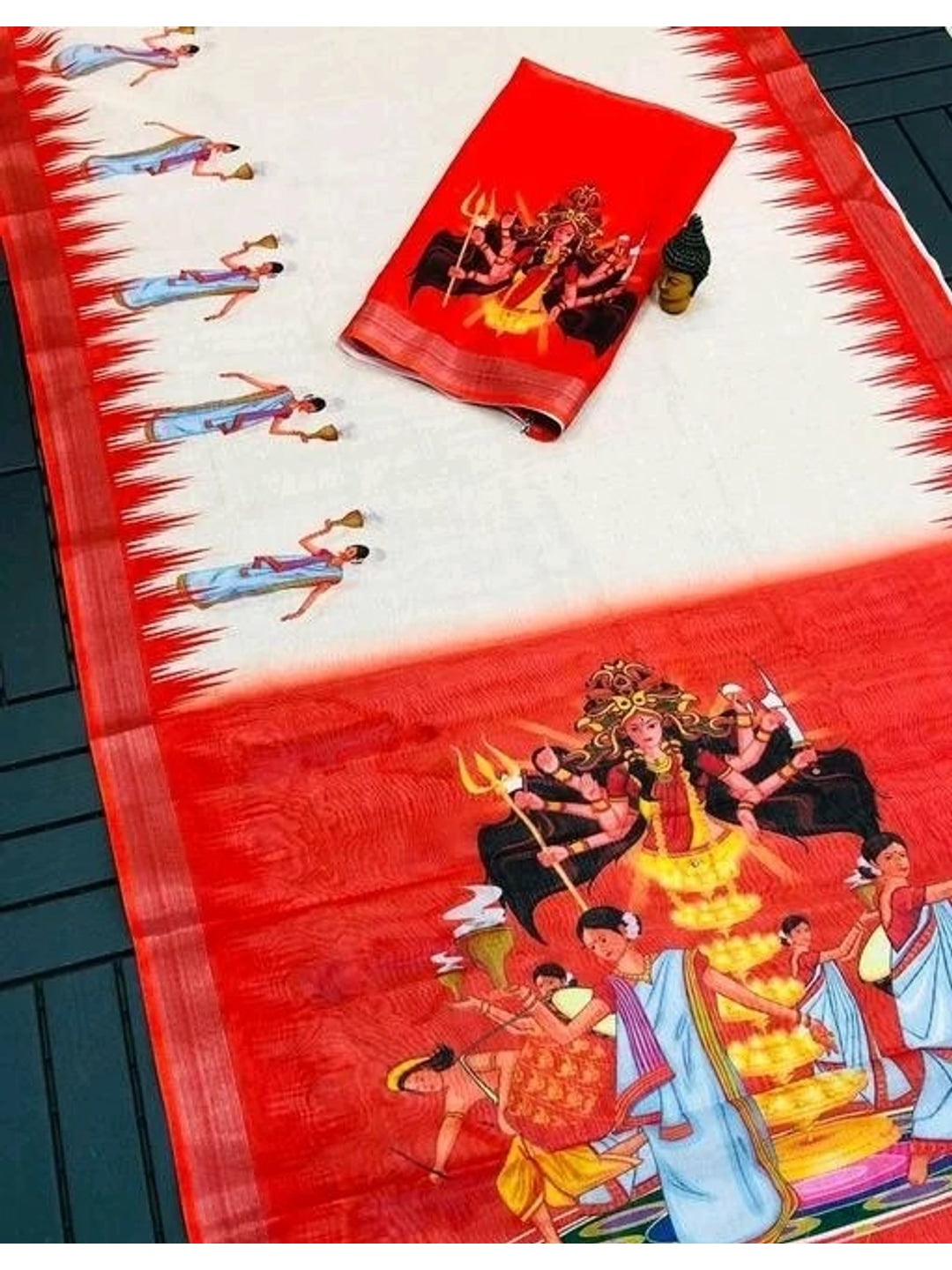 White and Red Durga Puja Printed Linen Saree - Image 3