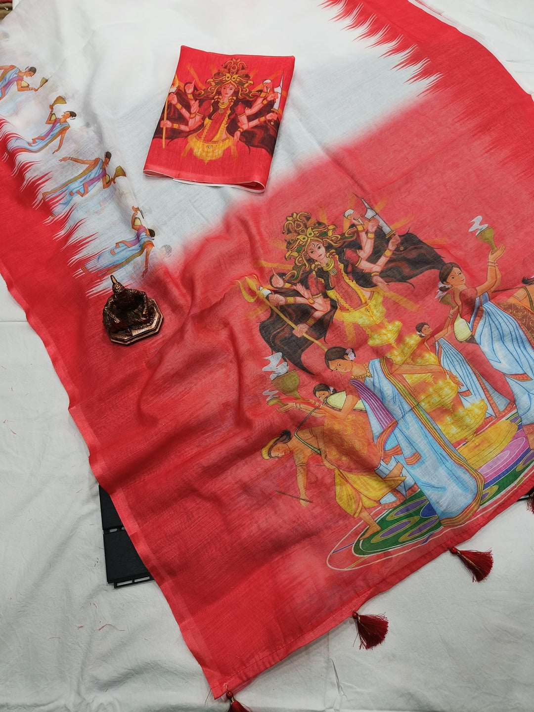 White and Red Durga Puja Printed Linen Saree - Image 4