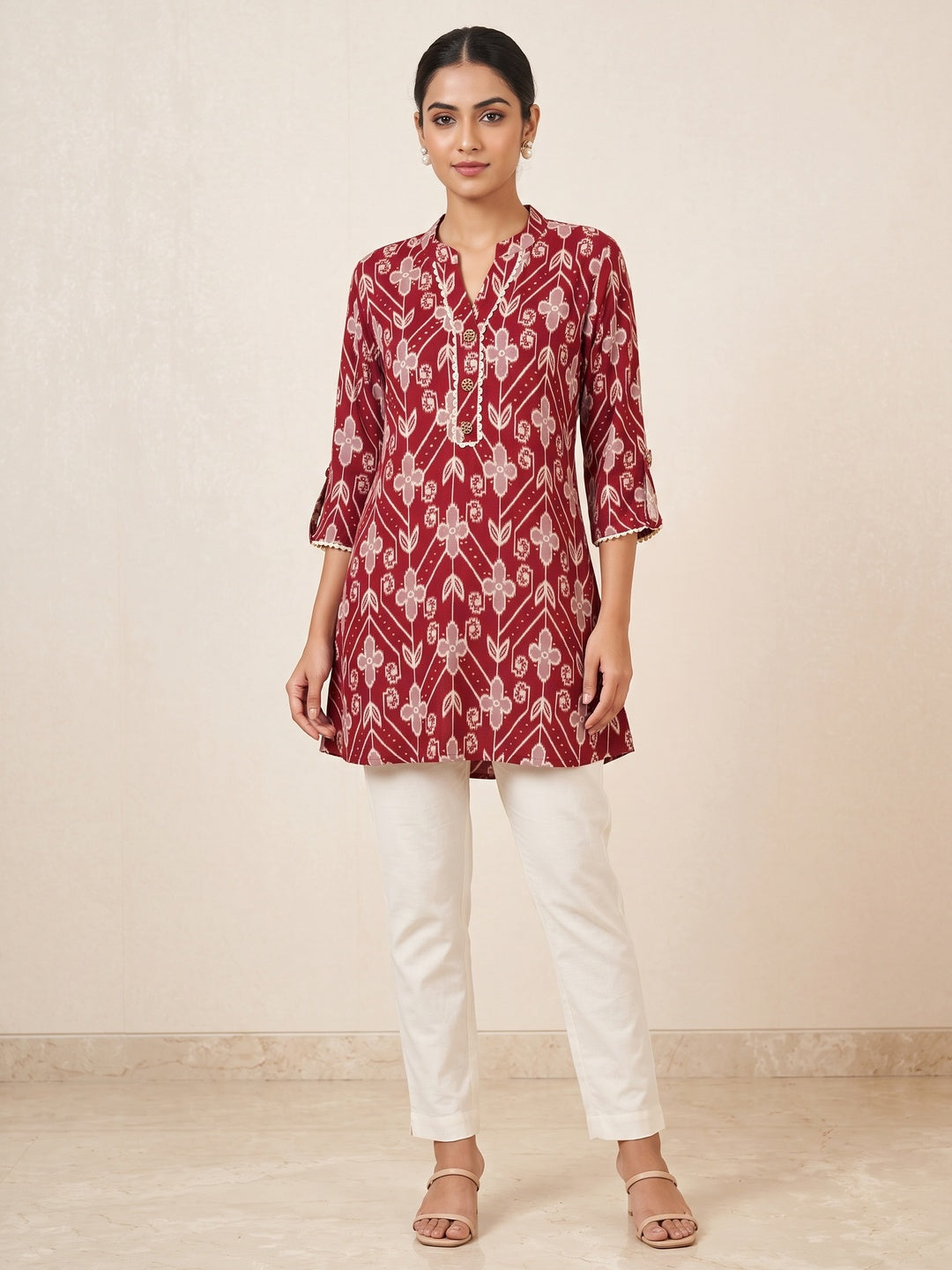 Deep Red Rayon Floral Printed Embellished A-Line Top - Image 1