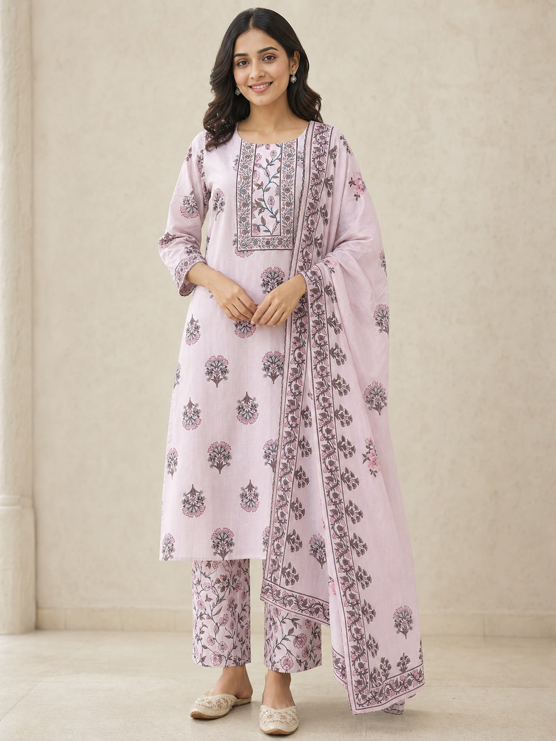 Pink Pure Cotton Katha Work Salwar Suit Set - Image 1