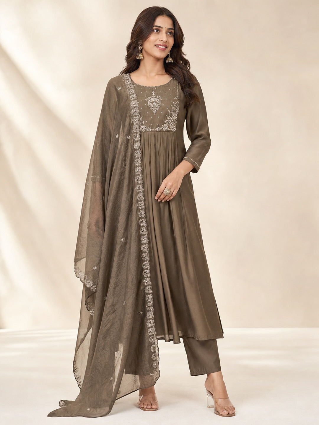 Brown Chanderi Silk Thread Embroidered A-Line Salwar Suit Set - Image 1
