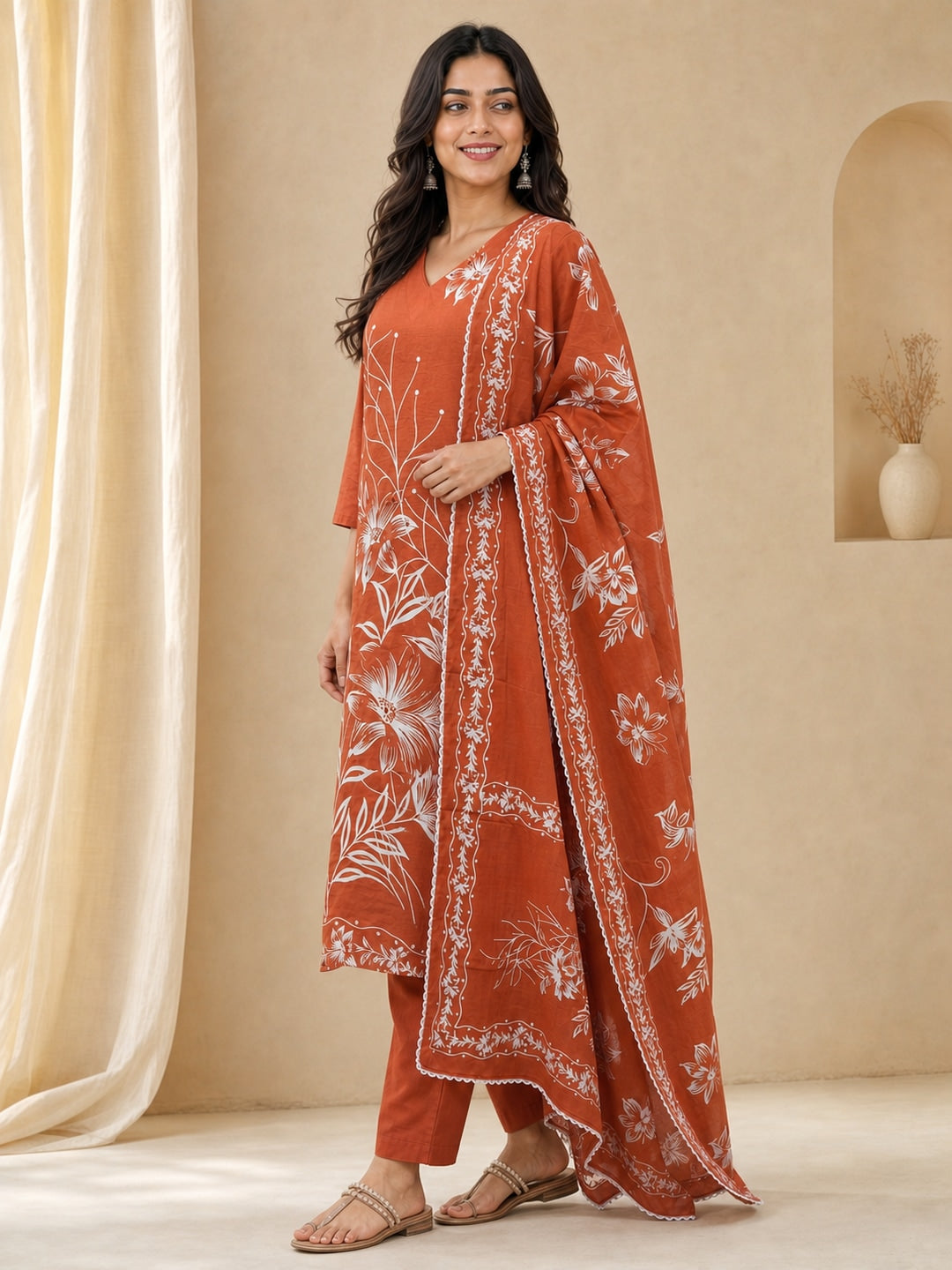 Rust Pure Cotton Katha Work Printed Salwar Suit Set - Image 3